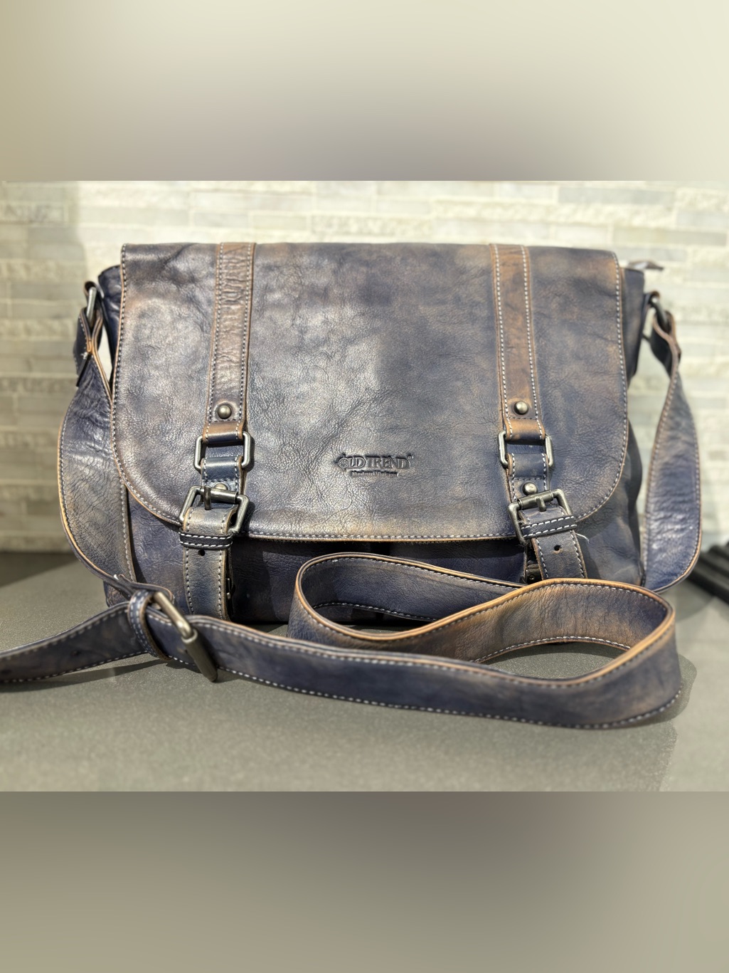 Old Trend Moonlight Messenger Bag Crafted From Distressed Navy Blue Leather